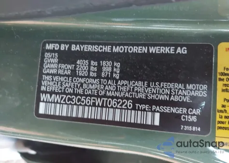 2015 Mini Countryman Cooper S из США, поврежденный, VIN WMWZC3C56FWT06226